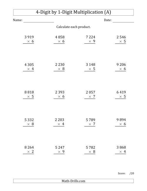 The Multiplying 4-Digit by 1-Digit Numbers with Space-Separated Thousands (All) Math Worksheet