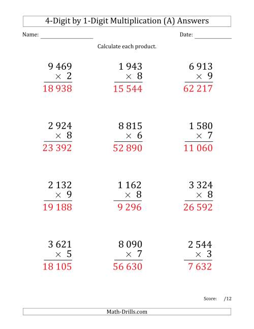 The Multiplying 4-Digit by 1-Digit Numbers (Large Print) with Space-Separated Thousands (A) Math Worksheet Page 2