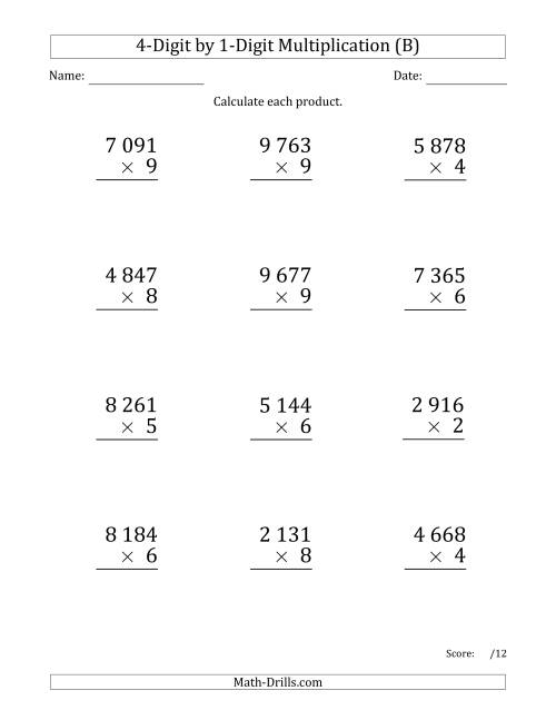 The Multiplying 4-Digit by 1-Digit Numbers (Large Print) with Space-Separated Thousands (B) Math Worksheet