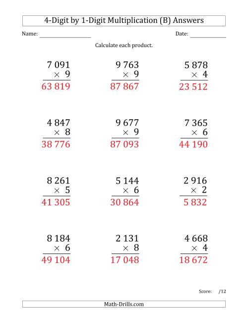 The Multiplying 4-Digit by 1-Digit Numbers (Large Print) with Space-Separated Thousands (B) Math Worksheet Page 2