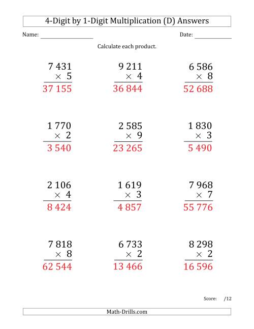 The Multiplying 4-Digit by 1-Digit Numbers (Large Print) with Space-Separated Thousands (D) Math Worksheet Page 2