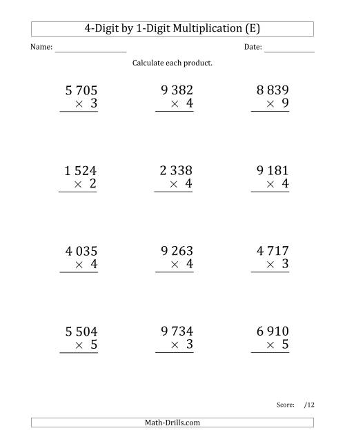 The Multiplying 4-Digit by 1-Digit Numbers (Large Print) with Space-Separated Thousands (E) Math Worksheet