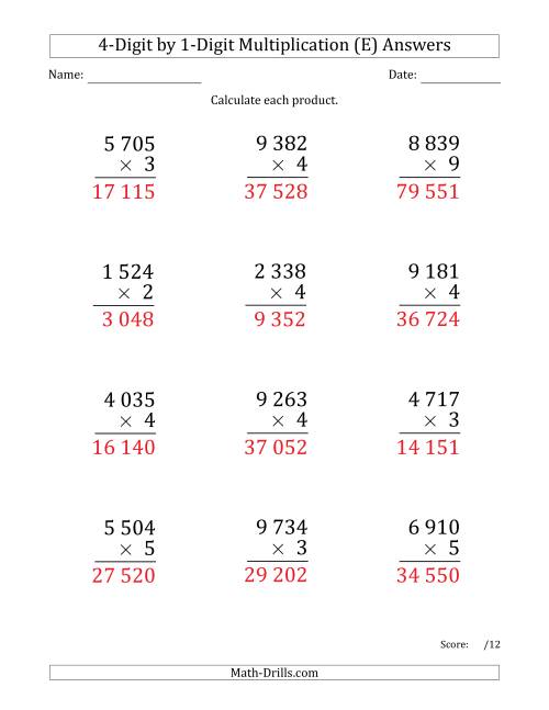 The Multiplying 4-Digit by 1-Digit Numbers (Large Print) with Space-Separated Thousands (E) Math Worksheet Page 2