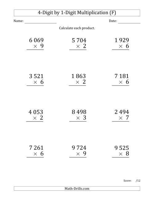 The Multiplying 4-Digit by 1-Digit Numbers (Large Print) with Space-Separated Thousands (F) Math Worksheet