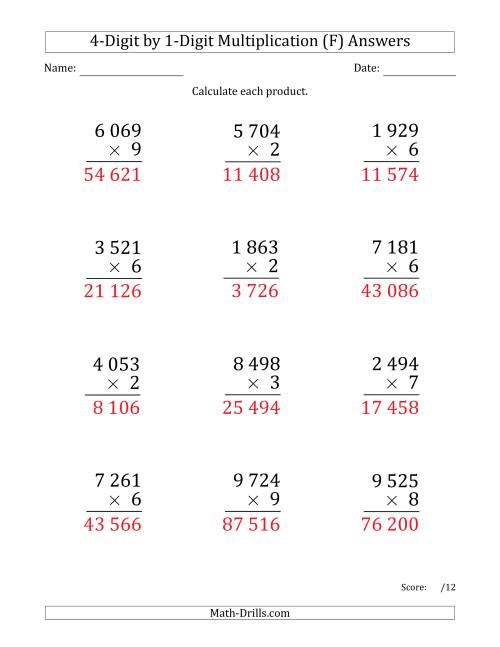 The Multiplying 4-Digit by 1-Digit Numbers (Large Print) with Space-Separated Thousands (F) Math Worksheet Page 2