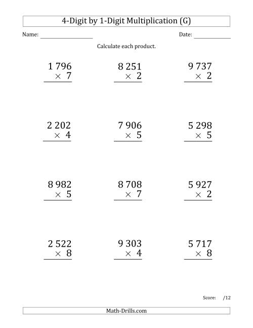 The Multiplying 4-Digit by 1-Digit Numbers (Large Print) with Space-Separated Thousands (G) Math Worksheet