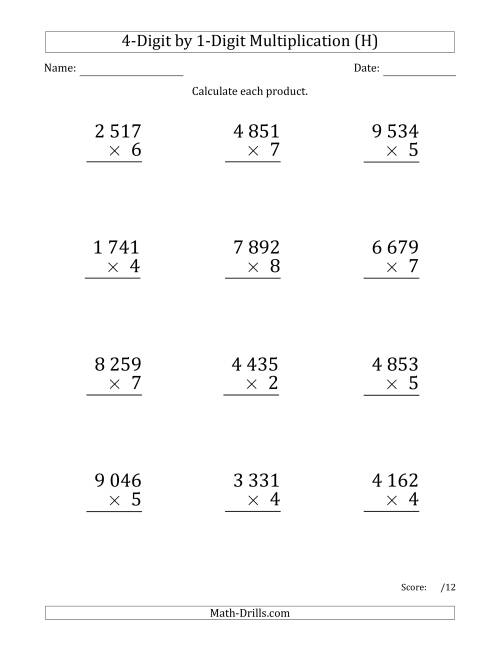 The Multiplying 4-Digit by 1-Digit Numbers (Large Print) with Space-Separated Thousands (H) Math Worksheet