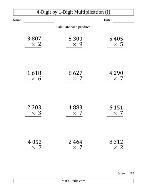 The Multiplying 4-Digit by 1-Digit Numbers (Large Print) with Space-Separated Thousands (I) Math Worksheet