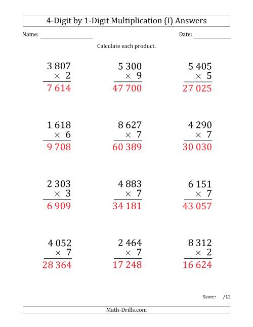 The Multiplying 4-Digit by 1-Digit Numbers (Large Print) with Space-Separated Thousands (I) Math Worksheet Page 2