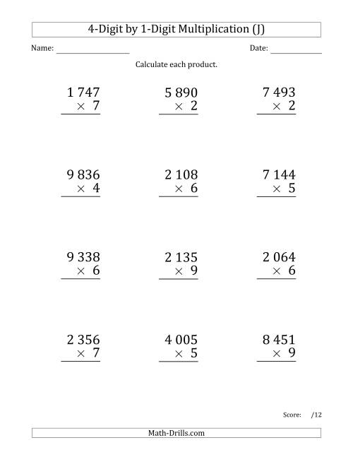The Multiplying 4-Digit by 1-Digit Numbers (Large Print) with Space-Separated Thousands (J) Math Worksheet