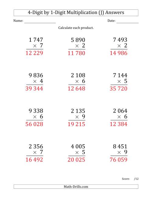 The Multiplying 4-Digit by 1-Digit Numbers (Large Print) with Space-Separated Thousands (J) Math Worksheet Page 2