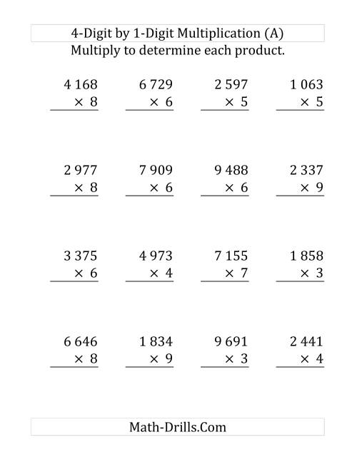 The Multiplying a 4-Digit Number by a 1-Digit Number (Large Print and SI Number Format) (Old) Math Worksheet
