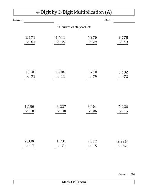 The Multiplying 4-Digit by 2-Digit Numbers with Comma-Separated Thousands (A) Math Worksheet