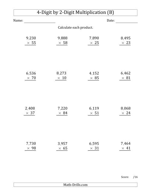 The Multiplying 4-Digit by 2-Digit Numbers with Comma-Separated Thousands (B) Math Worksheet