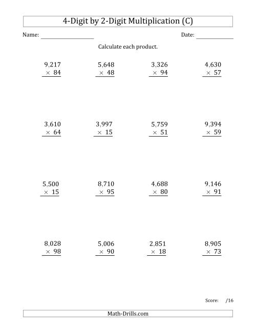 The Multiplying 4-Digit by 2-Digit Numbers with Comma-Separated Thousands (C) Math Worksheet