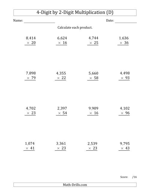 The Multiplying 4-Digit by 2-Digit Numbers with Comma-Separated Thousands (D) Math Worksheet
