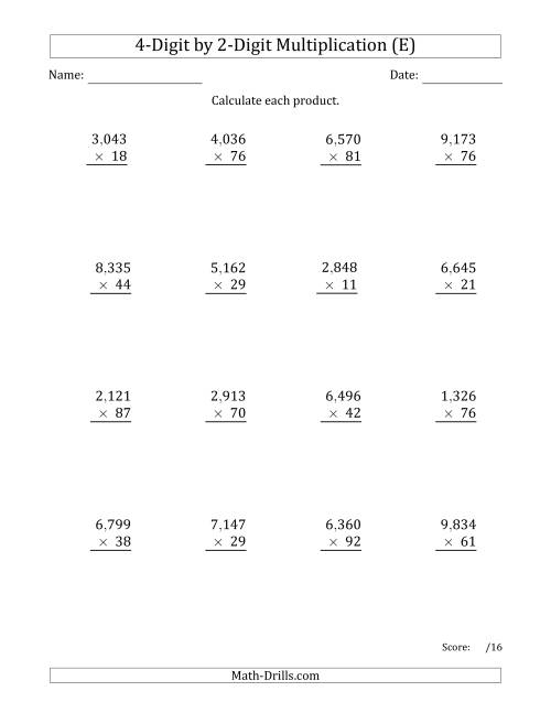 The Multiplying 4-Digit by 2-Digit Numbers with Comma-Separated Thousands (E) Math Worksheet