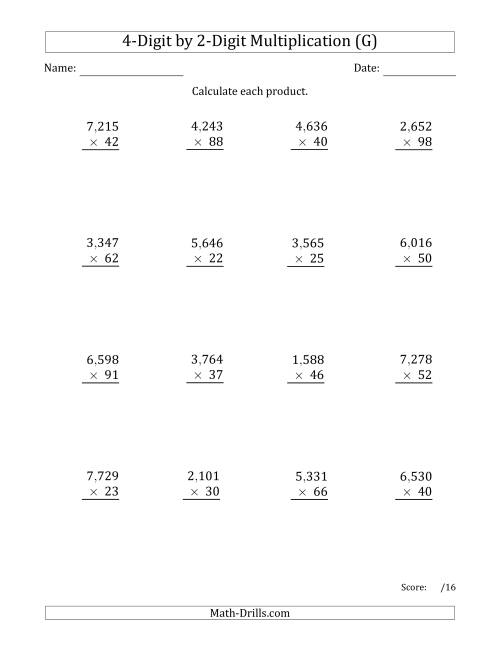 The Multiplying 4-Digit by 2-Digit Numbers with Comma-Separated Thousands (G) Math Worksheet