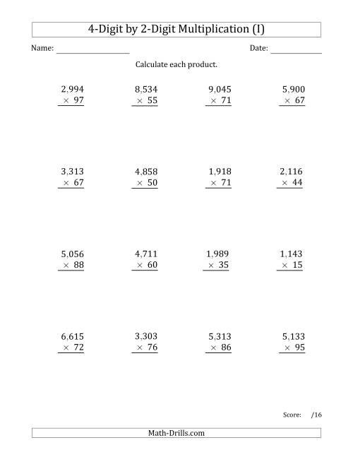 The Multiplying 4-Digit by 2-Digit Numbers with Comma-Separated Thousands (I) Math Worksheet