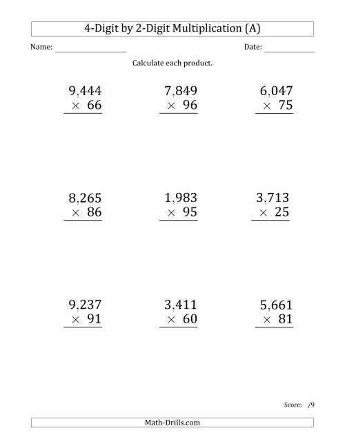 The Multiplying 4-Digit by 2-Digit Numbers (Large Print) with Comma-Separated Thousands (A) Math Worksheet