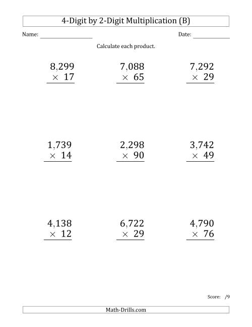 The Multiplying 4-Digit by 2-Digit Numbers (Large Print) with Comma-Separated Thousands (B) Math Worksheet