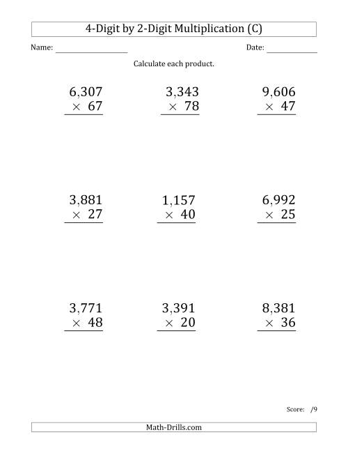 The Multiplying 4-Digit by 2-Digit Numbers (Large Print) with Comma-Separated Thousands (C) Math Worksheet