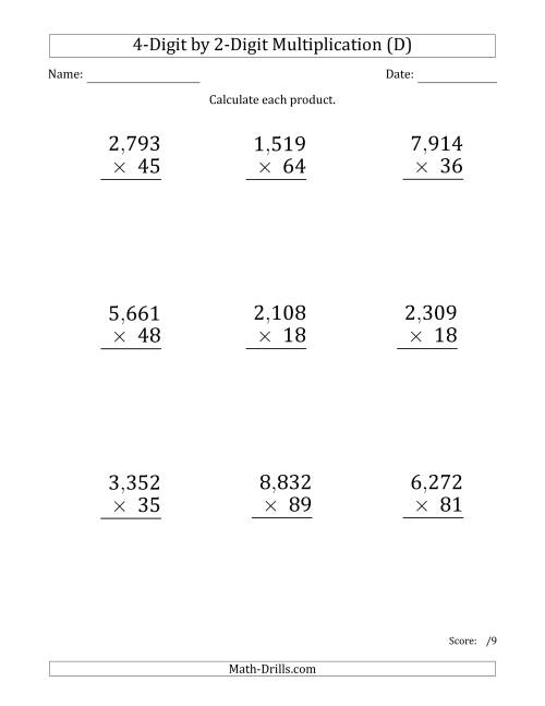 The Multiplying 4-Digit by 2-Digit Numbers (Large Print) with Comma-Separated Thousands (D) Math Worksheet