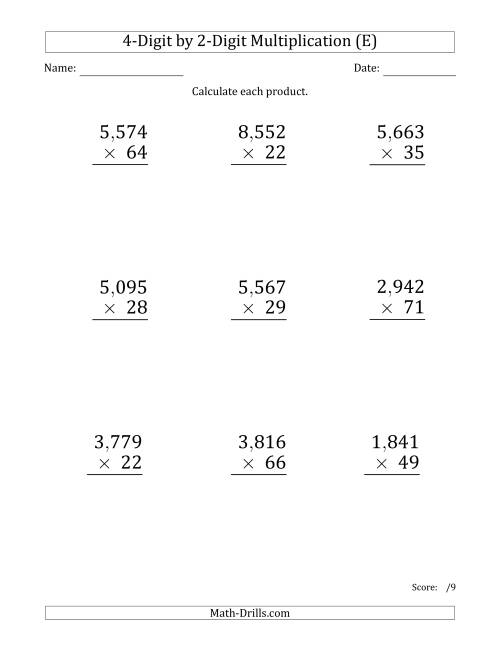 The Multiplying 4-Digit by 2-Digit Numbers (Large Print) with Comma-Separated Thousands (E) Math Worksheet