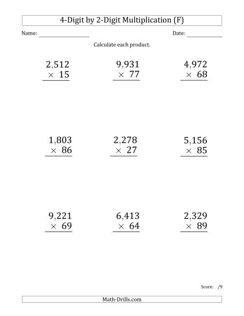 The Multiplying 4-Digit by 2-Digit Numbers (Large Print) with Comma-Separated Thousands (F) Math Worksheet