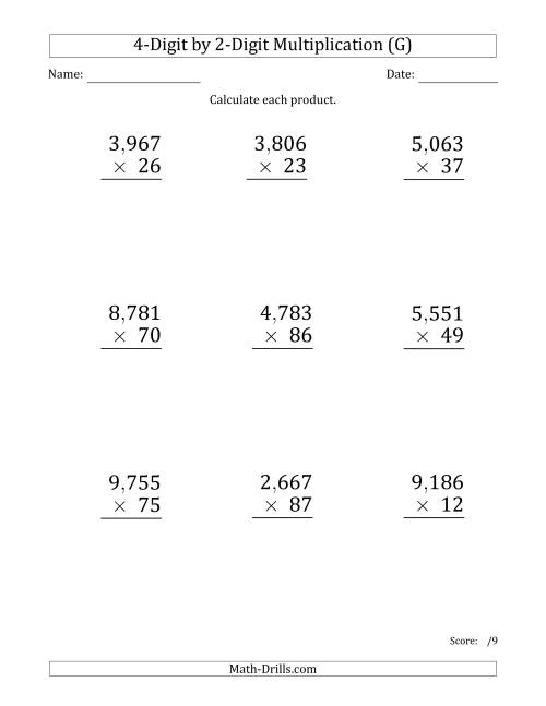 The Multiplying 4-Digit by 2-Digit Numbers (Large Print) with Comma-Separated Thousands (G) Math Worksheet