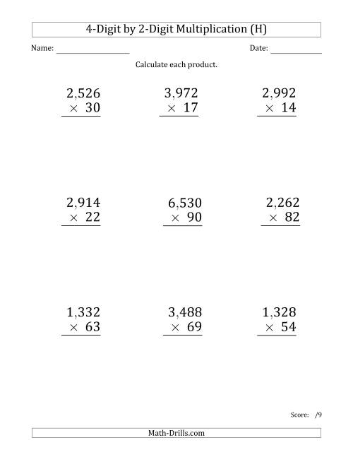 The Multiplying 4-Digit by 2-Digit Numbers (Large Print) with Comma-Separated Thousands (H) Math Worksheet