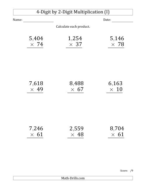 The Multiplying 4-Digit by 2-Digit Numbers (Large Print) with Comma-Separated Thousands (I) Math Worksheet