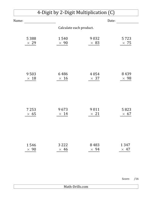 The Multiplying 4-Digit by 2-Digit Numbers with Space-Separated Thousands (C) Math Worksheet