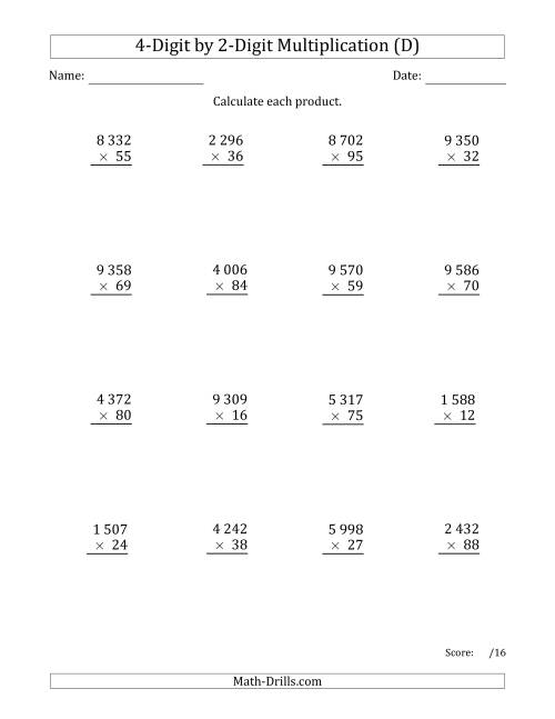 The Multiplying 4-Digit by 2-Digit Numbers with Space-Separated Thousands (D) Math Worksheet