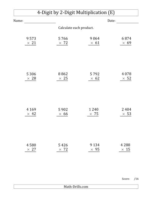The Multiplying 4-Digit by 2-Digit Numbers with Space-Separated Thousands (E) Math Worksheet