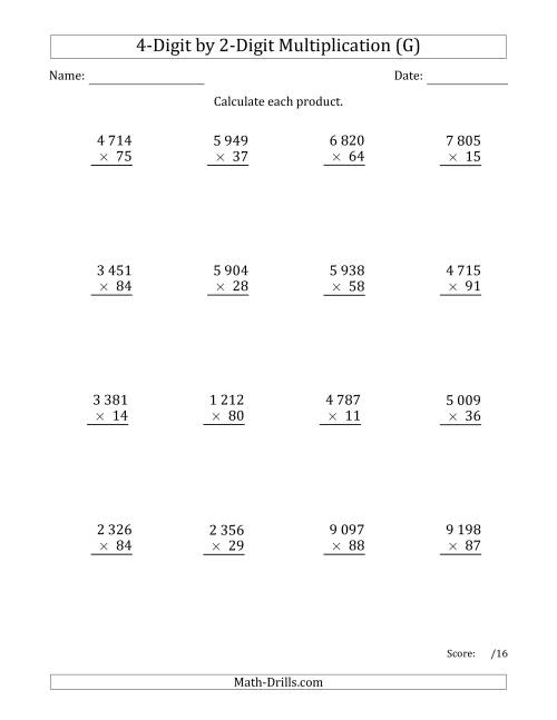 The Multiplying 4-Digit by 2-Digit Numbers with Space-Separated Thousands (G) Math Worksheet