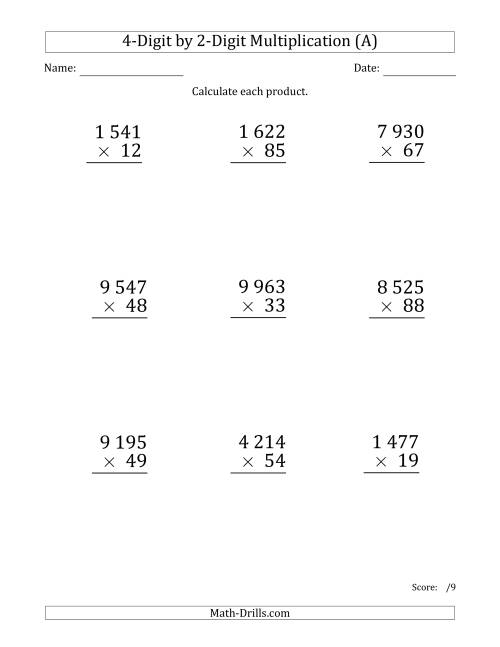 The Multiplying 4-Digit by 2-Digit Numbers (Large Print) with Space-Separated Thousands (A) Math Worksheet