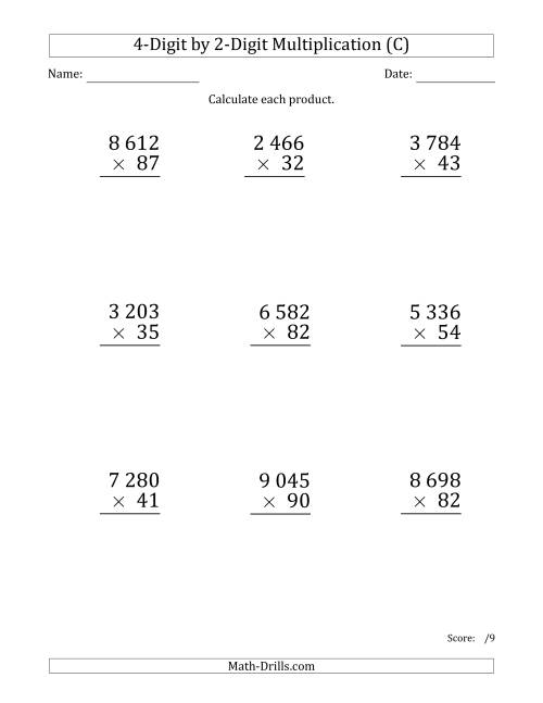 The Multiplying 4-Digit by 2-Digit Numbers (Large Print) with Space-Separated Thousands (C) Math Worksheet
