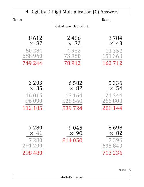 The Multiplying 4-Digit by 2-Digit Numbers (Large Print) with Space-Separated Thousands (C) Math Worksheet Page 2