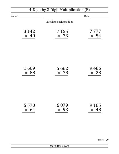 The Multiplying 4-Digit by 2-Digit Numbers (Large Print) with Space-Separated Thousands (E) Math Worksheet