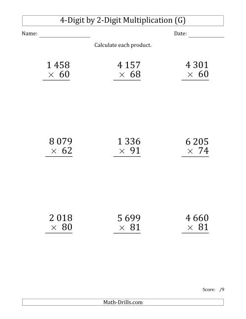 The Multiplying 4-Digit by 2-Digit Numbers (Large Print) with Space-Separated Thousands (G) Math Worksheet