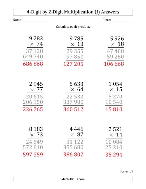 The Multiplying 4-Digit by 2-Digit Numbers (Large Print) with Space-Separated Thousands (I) Math Worksheet Page 2