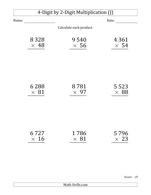 The Multiplying 4-Digit by 2-Digit Numbers (Large Print) with Space-Separated Thousands (J) Math Worksheet