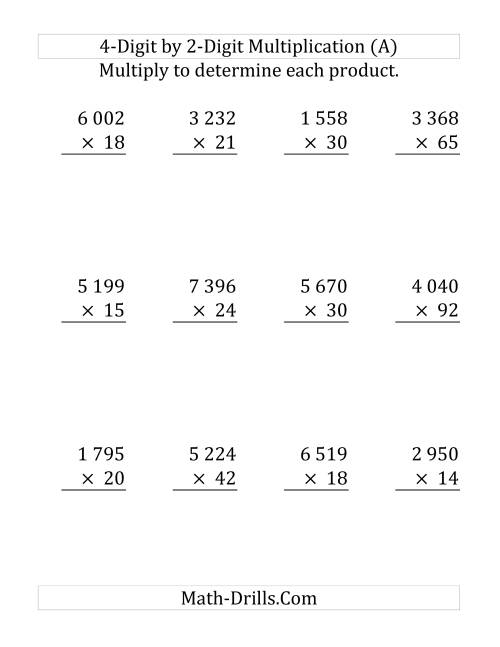 The Multiplying a 4-Digit Number by a 2-Digit Number (Large Print and SI Number Format) (Old) Math Worksheet