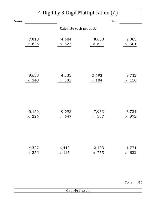 The Multiplying 4-Digit by 3-Digit Numbers with Comma-Separated Thousands (A) Math Worksheet