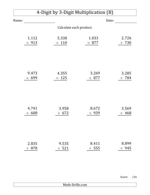 The Multiplying 4-Digit by 3-Digit Numbers with Comma-Separated Thousands (B) Math Worksheet
