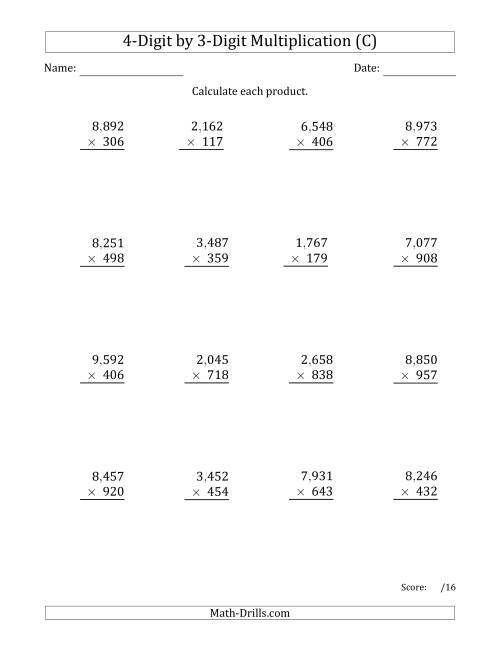 The Multiplying 4-Digit by 3-Digit Numbers with Comma-Separated Thousands (C) Math Worksheet