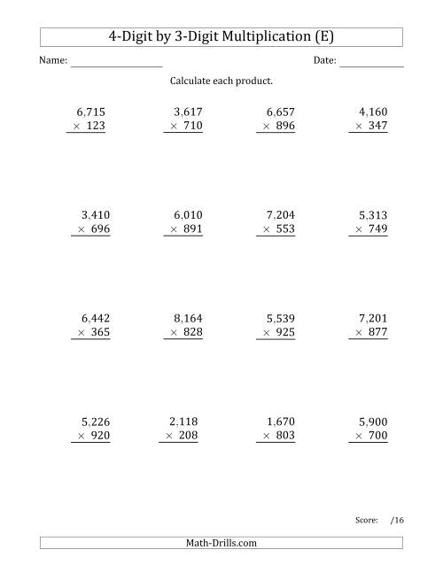 The Multiplying 4-Digit by 3-Digit Numbers with Comma-Separated Thousands (E) Math Worksheet