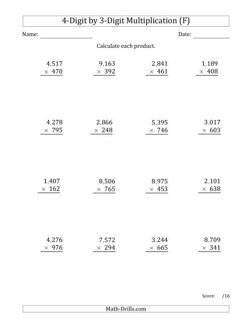 The Multiplying 4-Digit by 3-Digit Numbers with Comma-Separated Thousands (F) Math Worksheet