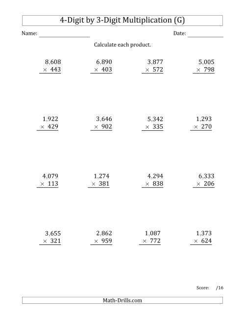 The Multiplying 4-Digit by 3-Digit Numbers with Comma-Separated Thousands (G) Math Worksheet